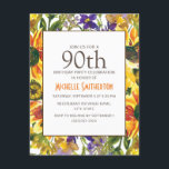 Yellow Sunflower 90th Birthday Party Kaart<br><div class="desc">Mooie paarse en gele waterverf bloemen,  botanische waterverf,  90e verjaardag van de feestdag voor vrouwen. Neem contact met ons op voor hulp bij aanpassingen of om passende producten aan te vragen.</div>