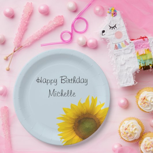Yellow Sunflower Birthday Blue Country Floral Papieren Bordje (Feest)