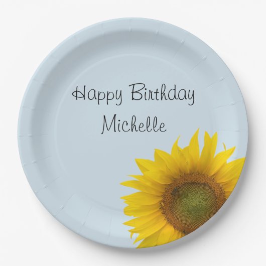 Yellow Sunflower Birthday Blue Country Floral Papieren Bordje (Voorkant)