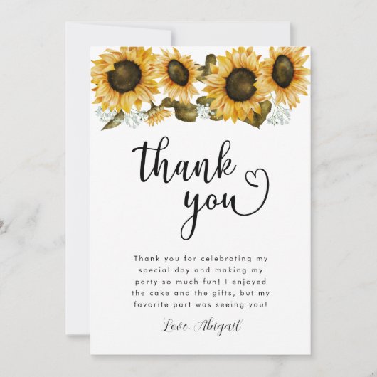 Yellow Sunflower Birthday Party Bedankkaart (Voorkant)