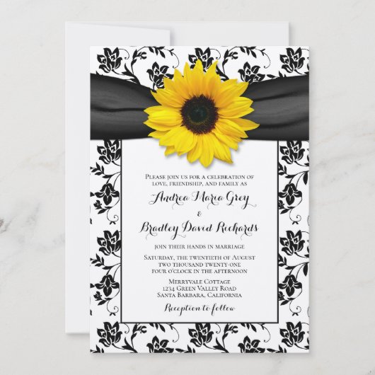 Yellow Sunflower Black Damask Floral Wedding Kaart (Voorkant)