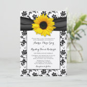 Yellow Sunflower Black Damask Floral Wedding Kaart (Staand voorkant)