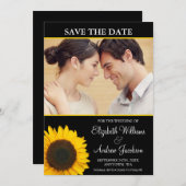 Yellow Sunflower Black Foto Save the Date (Voorkant / Achterkant)