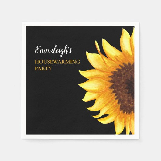 Yellow Sunflower Black Housewarming Party Servet (Voorkant)