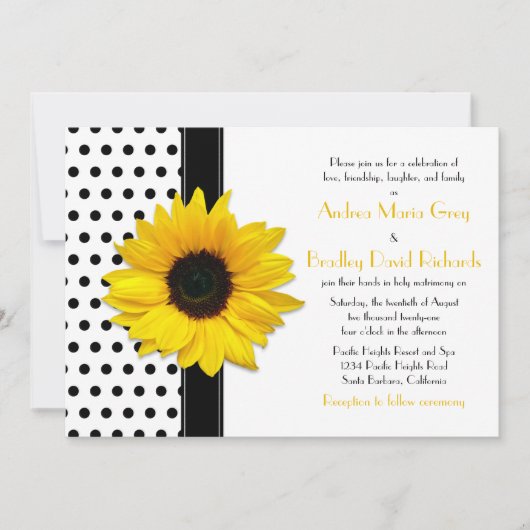 Yellow Sunflower Black White Polka Dot Wedding Kaart (Voorkant)