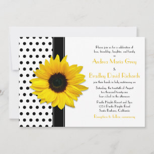 Yellow Sunflower Black White Polka Dot Wedding Kaart