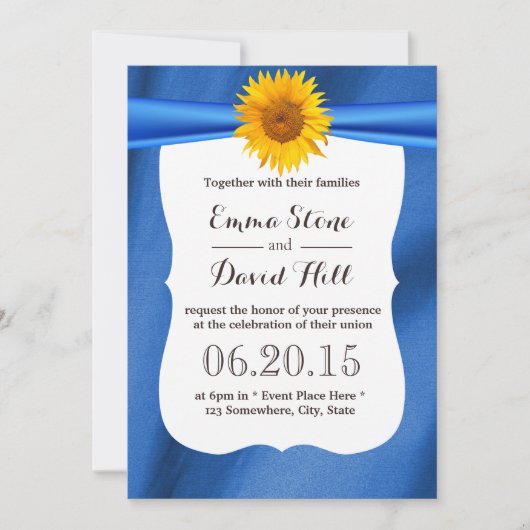 Yellow Sunflower Blue Fabric Wedding Invitting Kaart (Voorkant)