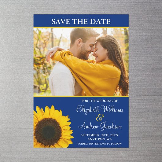 Yellow Sunflower Blue foto Save the Date Magnetische Uitnodiging
