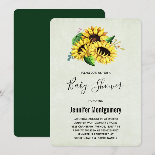 Yellow Sunflower Bouquet in Waterverf Baby shower Kaart (Voorkant / Achterkant)