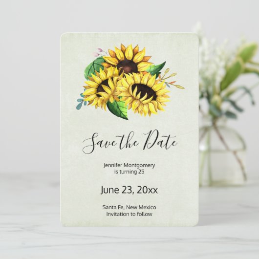 Yellow Sunflower Bouquet in Waterverf Birthday Save The Date (Staand voorkant)