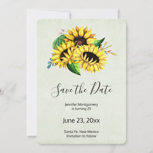 Yellow Sunflower Bouquet in Waterverf Birthday Save The Date (Voorkant)
