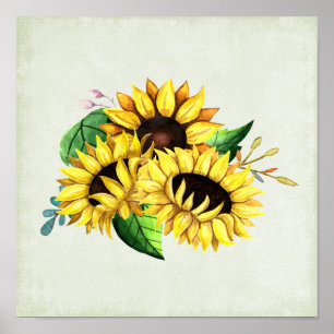 Yellow Sunflower Bouquet in Waterverf Poster
