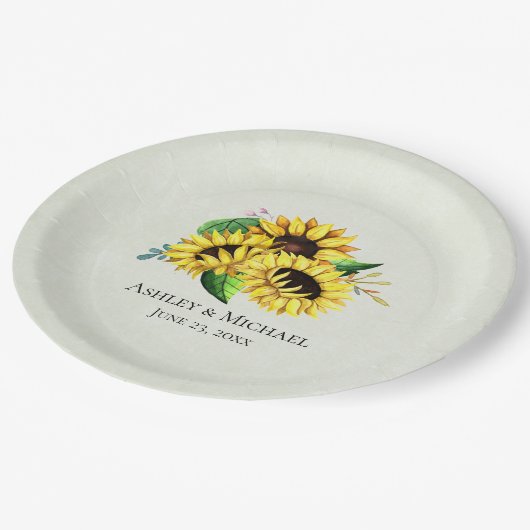 Yellow Sunflower Bouquet in Waterverf Wedding Papieren Bordje (Gekanteld)