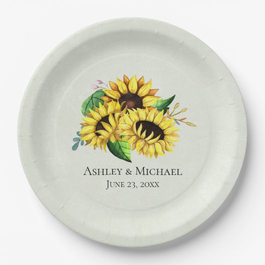 Yellow Sunflower Bouquet in Waterverf Wedding Papieren Bordje (Voorkant)