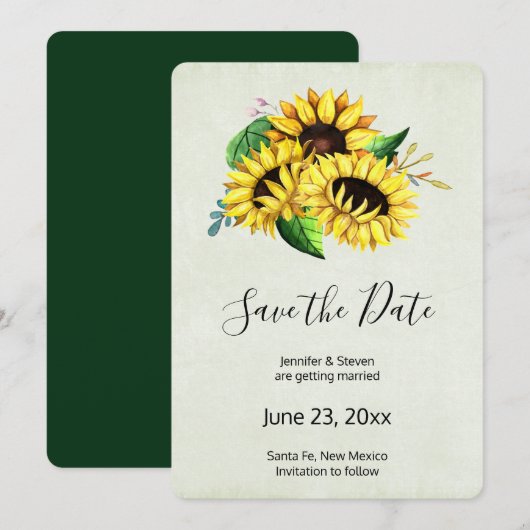 Yellow Sunflower Bouquet in Waterverf Wedding Save The Date (Voorkant / Achterkant)