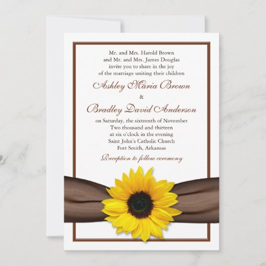 Yellow Sunflower Brown Ribbon Wedding Invitation Kaart (Voorkant)