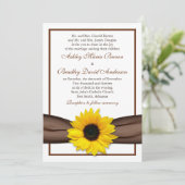 Yellow Sunflower Brown Ribbon Wedding Invitation Kaart (Staand voorkant)
