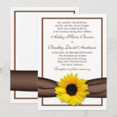 Yellow Sunflower Brown Ribbon Wedding Invitation Kaart (Voorkant / Achterkant)