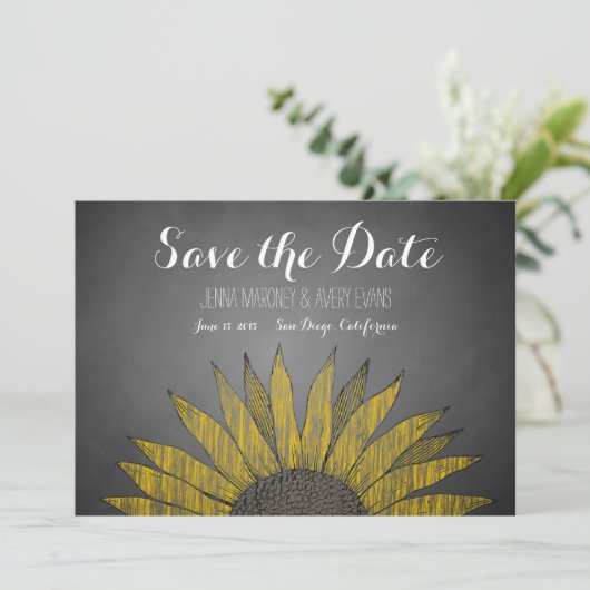 Yellow Sunflower Chalk Save the Date (Staand voorkant)