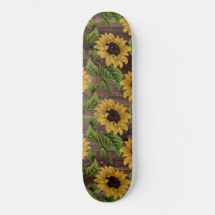 Yellow Sunflower Country Style Brown Wooden Rustic Persoonlijk Skateboard