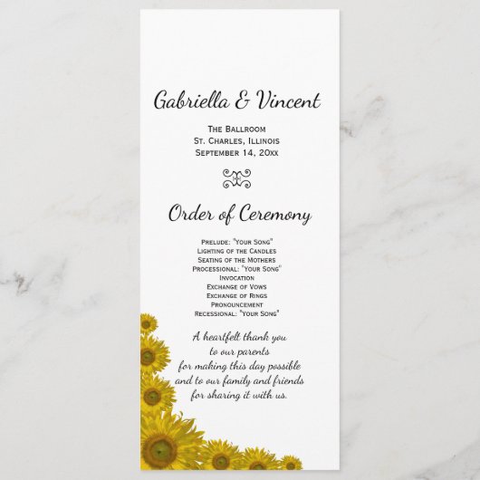 Yellow Sunflower Edge Wedding Programme Programmakaart (Achterkant)