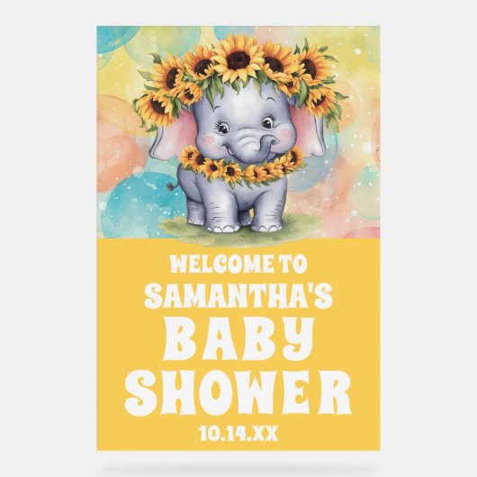 Yellow Sunflower Elephant Baby shower Welkom Acryl Bord (Voorkant)