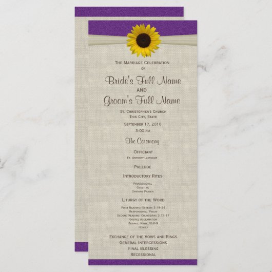 Yellow Sunflower en Burlap Paarse bruiloft program Programmakaart (Voorkant / Achterkant)