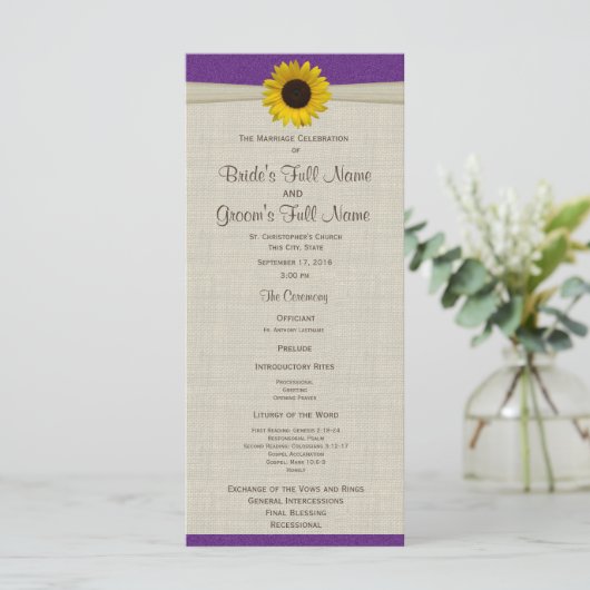 Yellow Sunflower en Burlap Paarse bruiloft program Programmakaart (Staand voorkant)