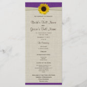 Yellow Sunflower en Burlap Paarse bruiloft program Programmakaart (Voorkant)