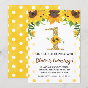 Yellow Sunflower First Birthday Invitation Girl Kaart