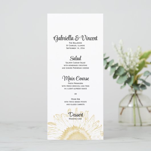 Yellow Sunflower Graphic Wedding Menu (Staand voorkant)