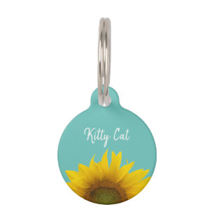 Yellow Sunflower Kitty Cat Typography Trendy Blauw Huisdierpenning