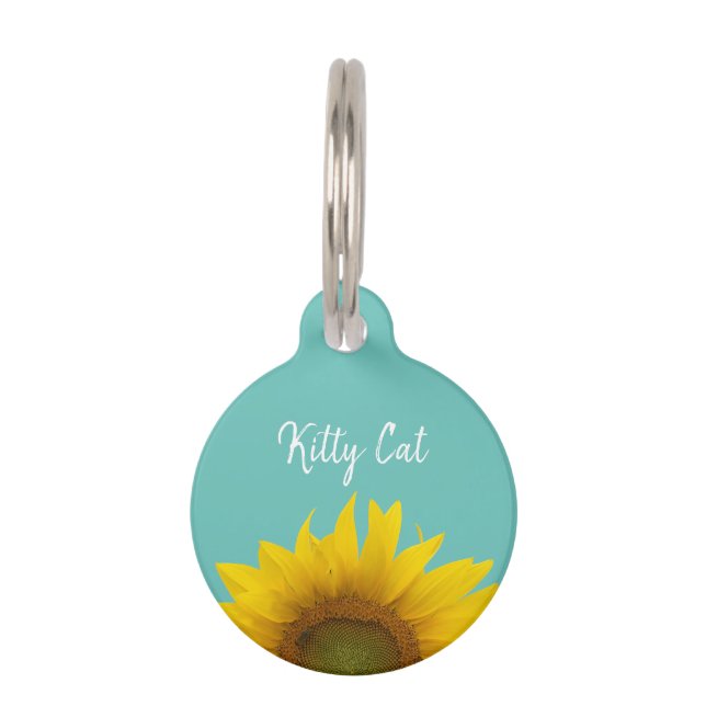 Yellow Sunflower Kitty Cat Typography Trendy Blauw Huisdierpenning (Voorkant)