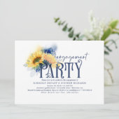 Yellow Sunflower Navy Blue Engagement Party Kaart (Staand voorkant)