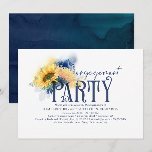 Yellow Sunflower Navy Blue Engagement Party Kaart (Voorkant / Achterkant)