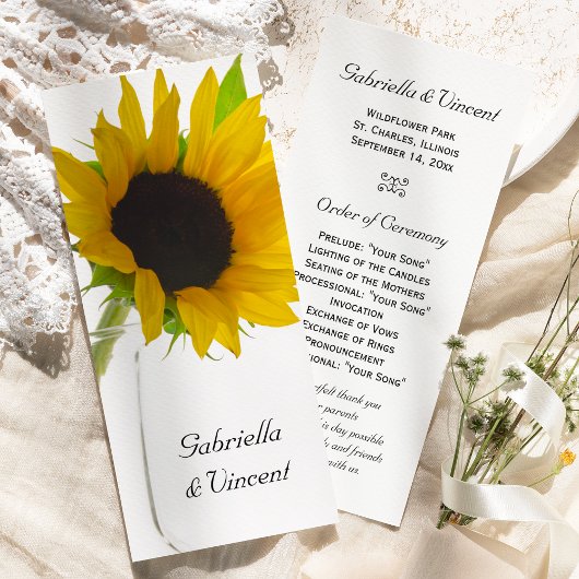 Yellow Sunflower on White Wedding Programme Programmakaart