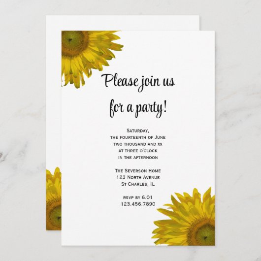 Yellow Sunflower Party Invitation Kaart (Voorkant / Achterkant)