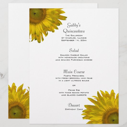 Yellow Sunflower Quinceanera Menu (Voorkant / Achterkant)