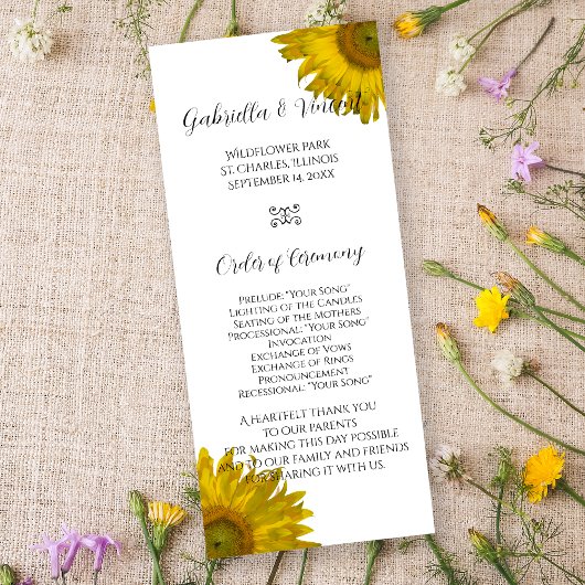 Yellow Sunflower Wedding Programme Programmakaart