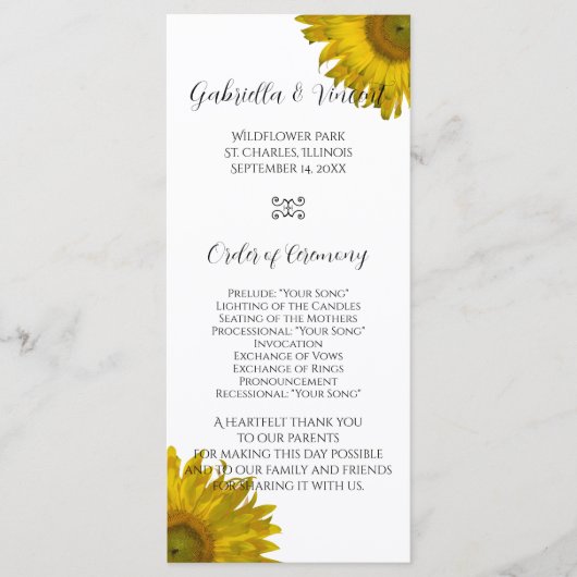 Yellow Sunflower Wedding Programme Programmakaart (Voorkant)