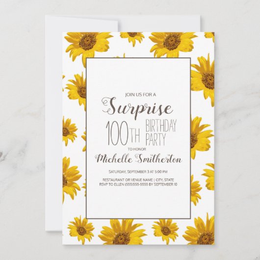 Yellow Sunflower White 100th Birthday Party Kaart (Voorkant)