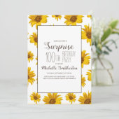 Yellow Sunflower White 100th Birthday Party Kaart (Staand voorkant)