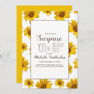 Yellow Sunflower White 100th Birthday Party Kaart