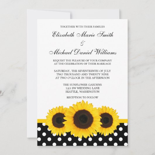 Yellow Sunflower White en Black Polka Dot Wedding Kaart (Voorkant)