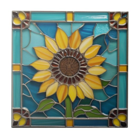 Yellow Sunflowers Faux Glas in lood Aqua Blue Tegeltje (Voorkant)