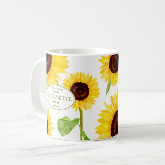 Yellow Sunflowers Illustrated Name & Message Koffiemok (Voorkant links)