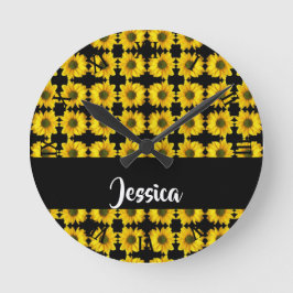 Yellow sunflowers on black ronde klok