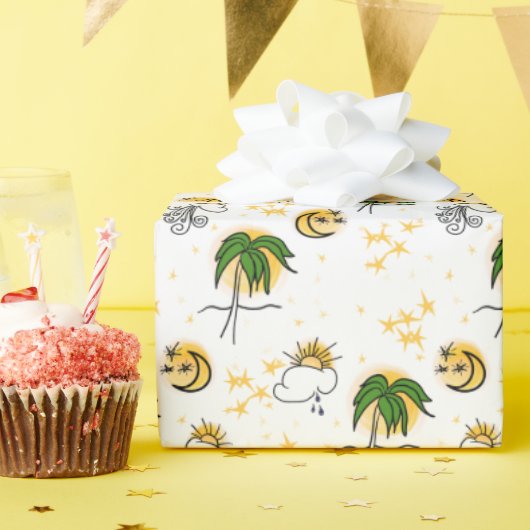 Yellow Suns Stars Moon Green Palm Scrapbook Paper Cadeaupapier (Verjaardagsfeest)