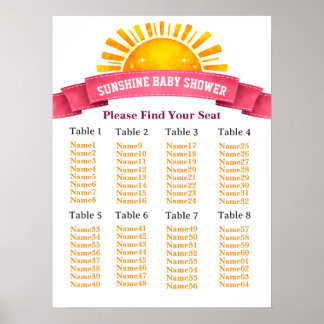 Yellow Sunshine Seating Chart For Baby Girl Shower Poster
