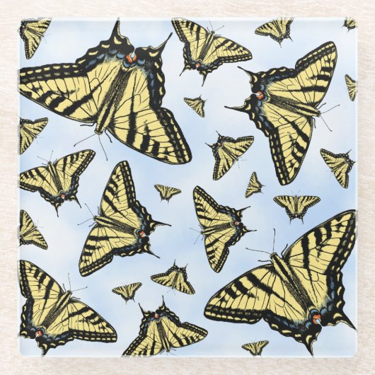 Yellow Swallowtail Butterflies Blue Sky Custom Glazen Onderzetter (Voorkant)